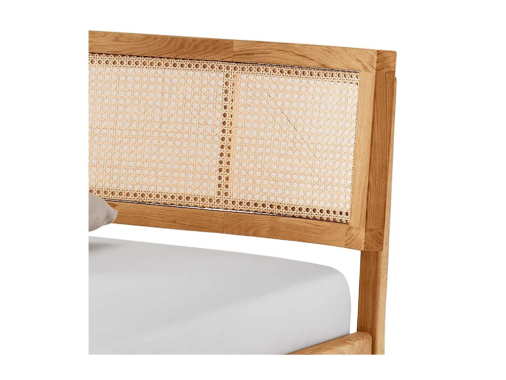 Massivholzbett mit Geflecht aus Wildeiche und Rattan Skandi Design