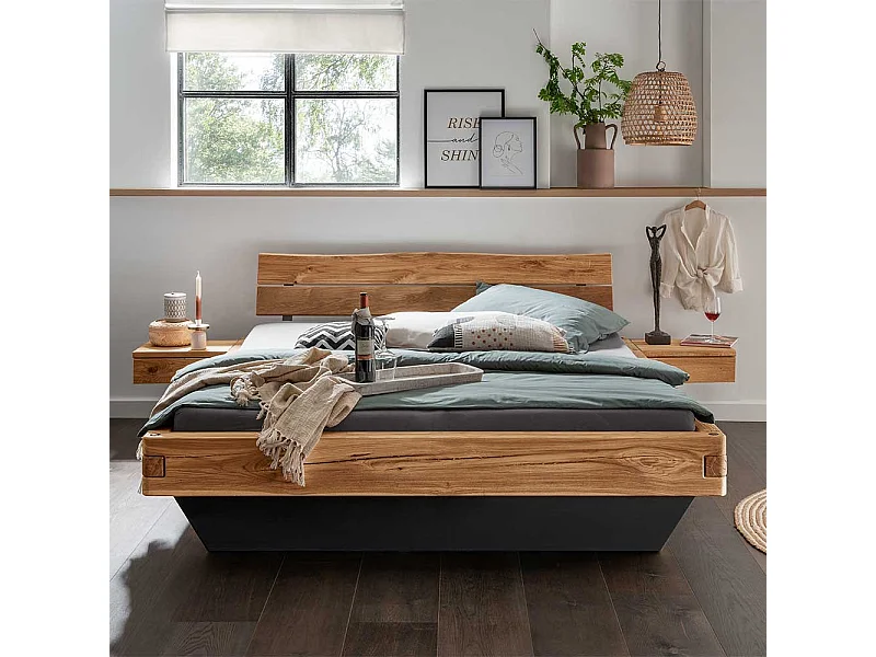 Doppelbett Massivholzbett in Wildeichefarben und Anthrazit