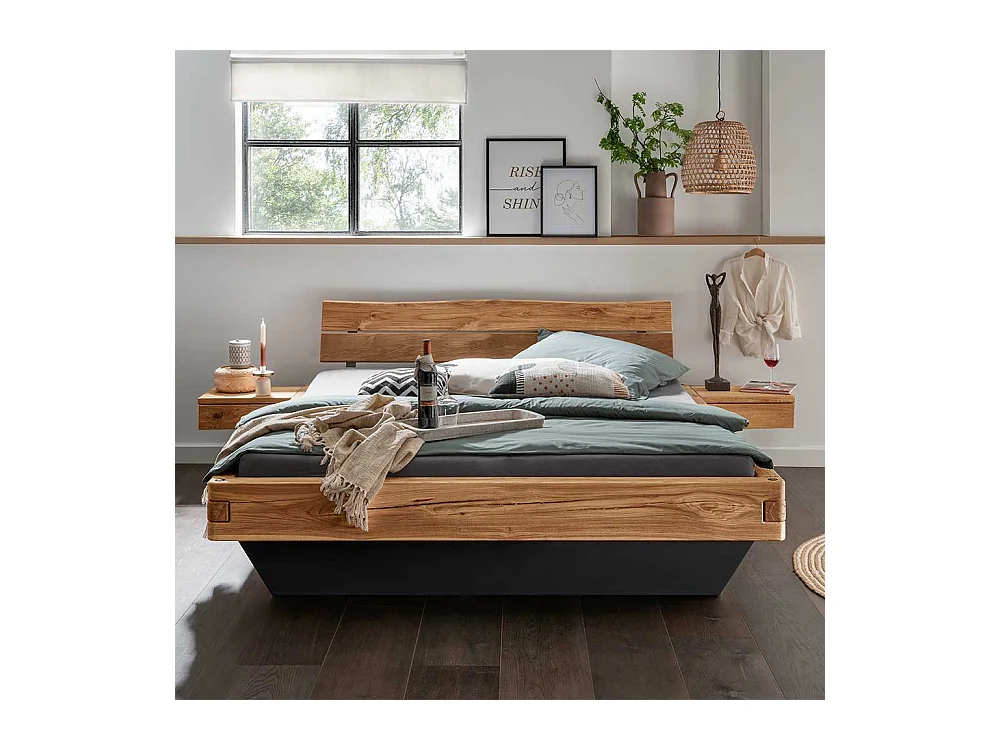 Doppelbett Massivholzbett in Wildeichefarben und Anthrazit