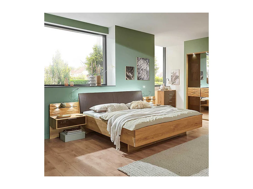 Bett mit Nachtkommoden in Eiche Bianco Dunkelbraun (dreiteilig)