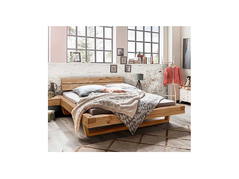 Balken Massivholzbett aus Wildeiche geölt Schwebesockel