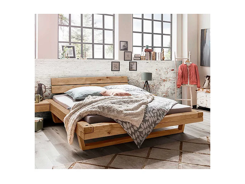 Balken Massivholzbett aus Wildeiche geölt Schwebesockel