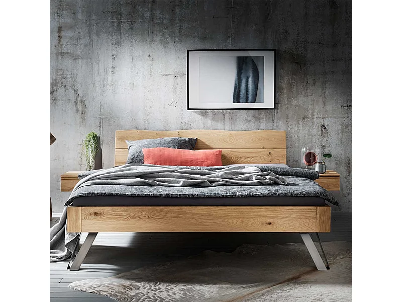 Industrial Bett aus Wildeiche Massivholz & Metall zwei Nachtkonsolen (dreiteilig)