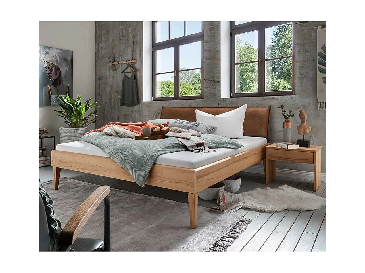 Massivbett Wildeiche mit zwei Nachtkommoden Polsterkopfteil (dreiteilig)