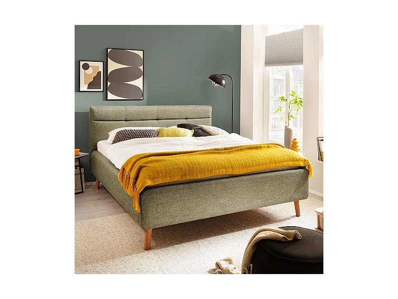 Skandi Polster Doppelbett in Grün Vierfußgestell aus Eiche