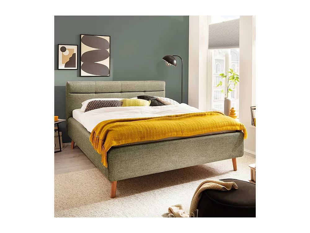 Skandi Polster Doppelbett in Grün Vierfußgestell aus Eiche