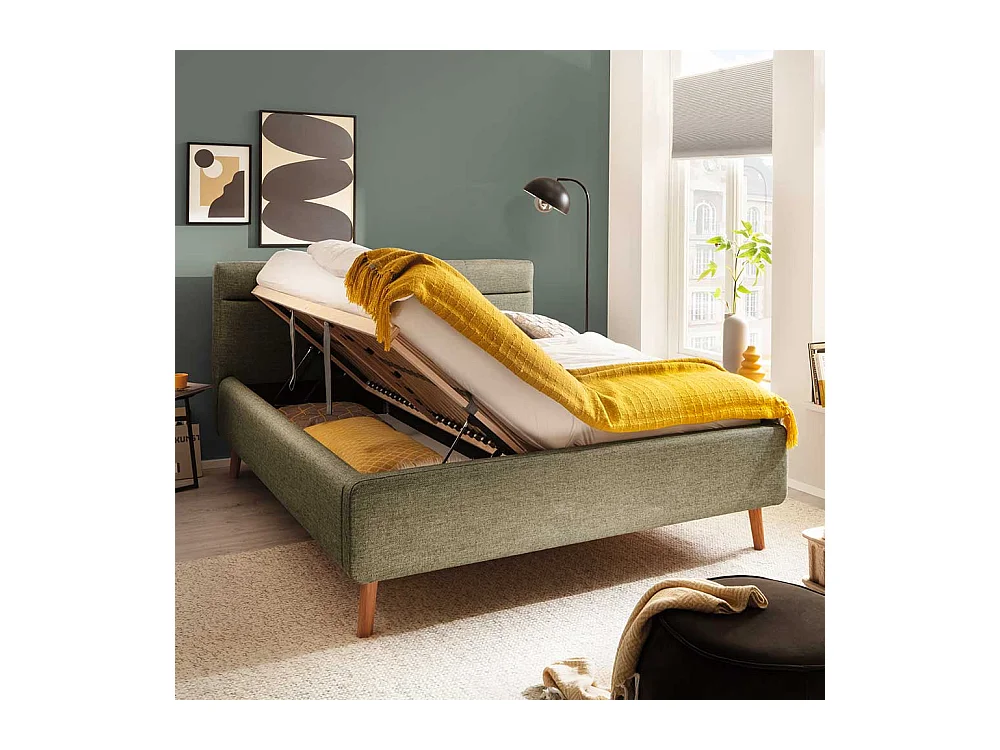 Skandi Polster Doppelbett in Grün Vierfußgestell aus Eiche