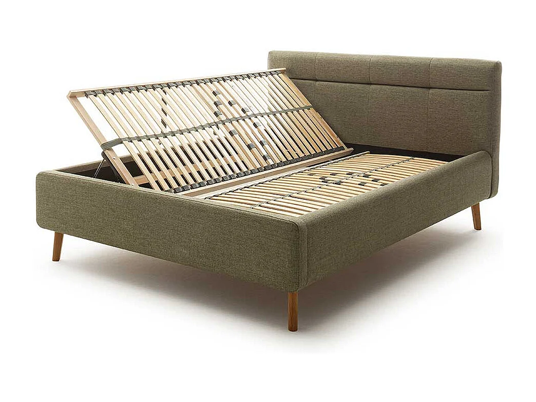 Skandi Polster Doppelbett in Grün Vierfußgestell aus Eiche