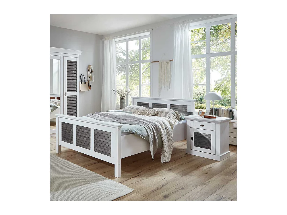 Zweifarbiges Landhaus Bett in Kiefer Grau & Weiß 94 cm Kopfteil