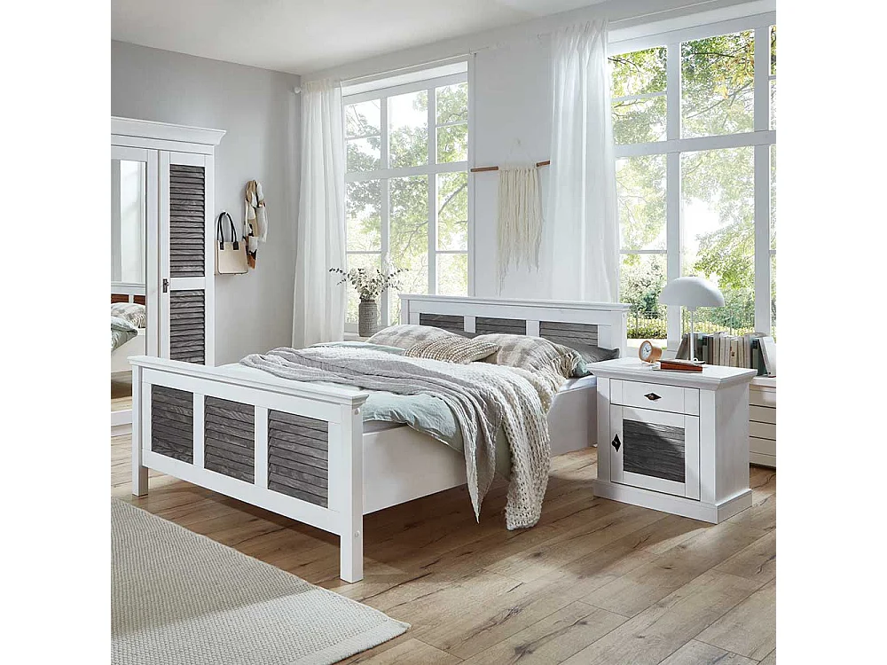 Zweifarbiges Landhaus Bett in Kiefer Grau & Weiß 94 cm Kopfteil