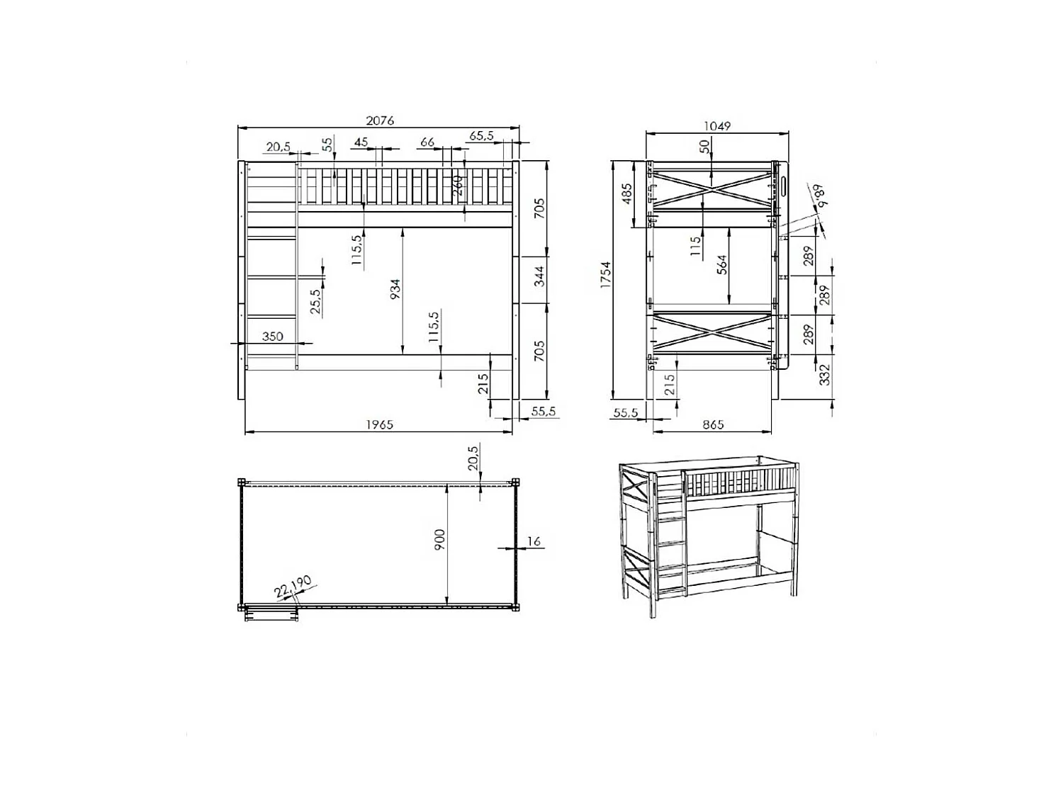 Skandi Stil Etagenbett weiss inklusive Leiter zwei Liegeflächen