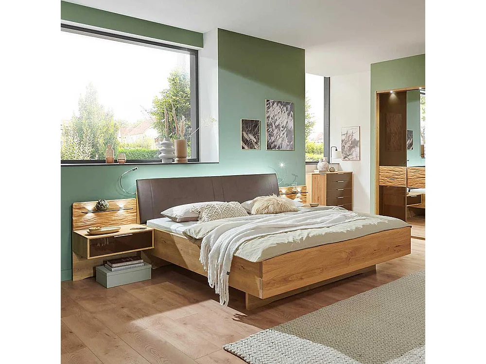 Bett mit Nachtkommoden in Eiche Bianco Dunkelbraun (dreiteilig)