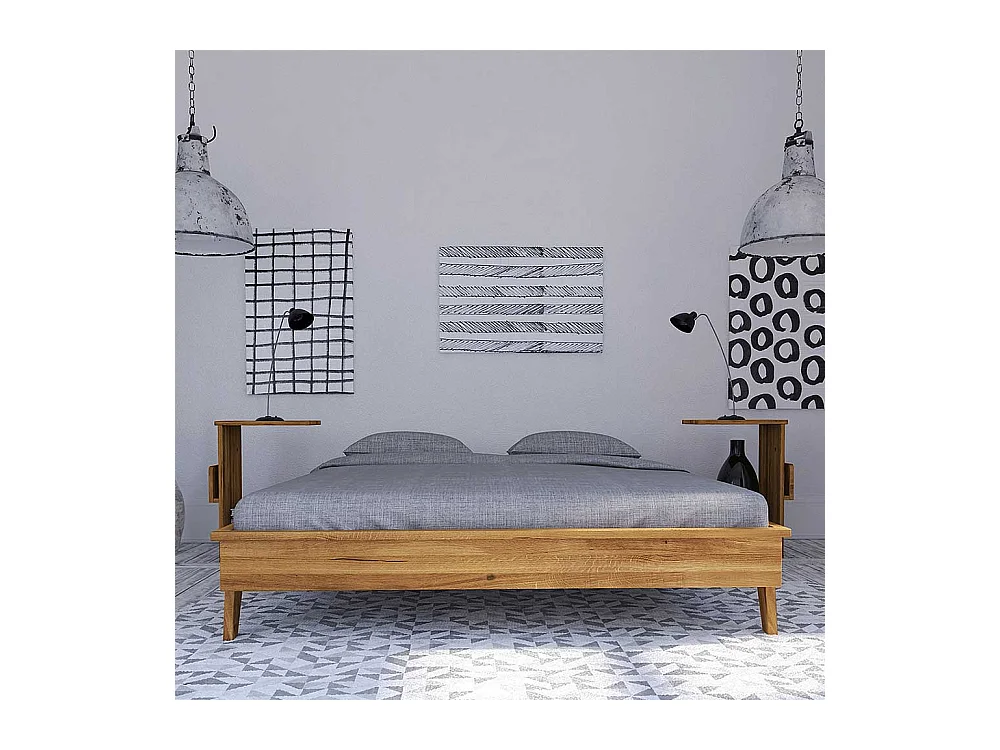 Tiefes Bett aus Wildeiche Massivholz Kopfteil (dreiteilig)