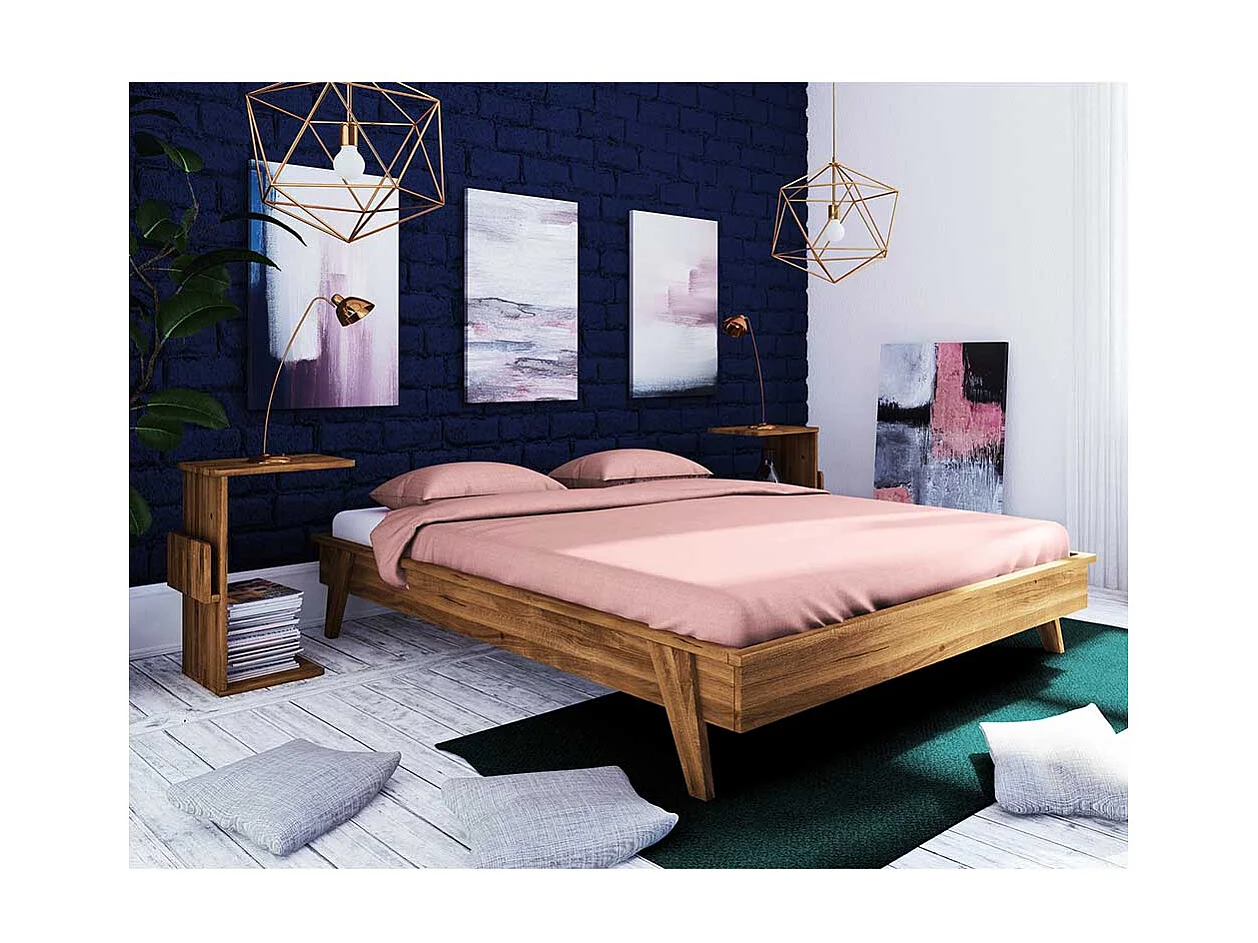 Tiefes Bett aus Wildeiche Massivholz Kopfteil (dreiteilig)