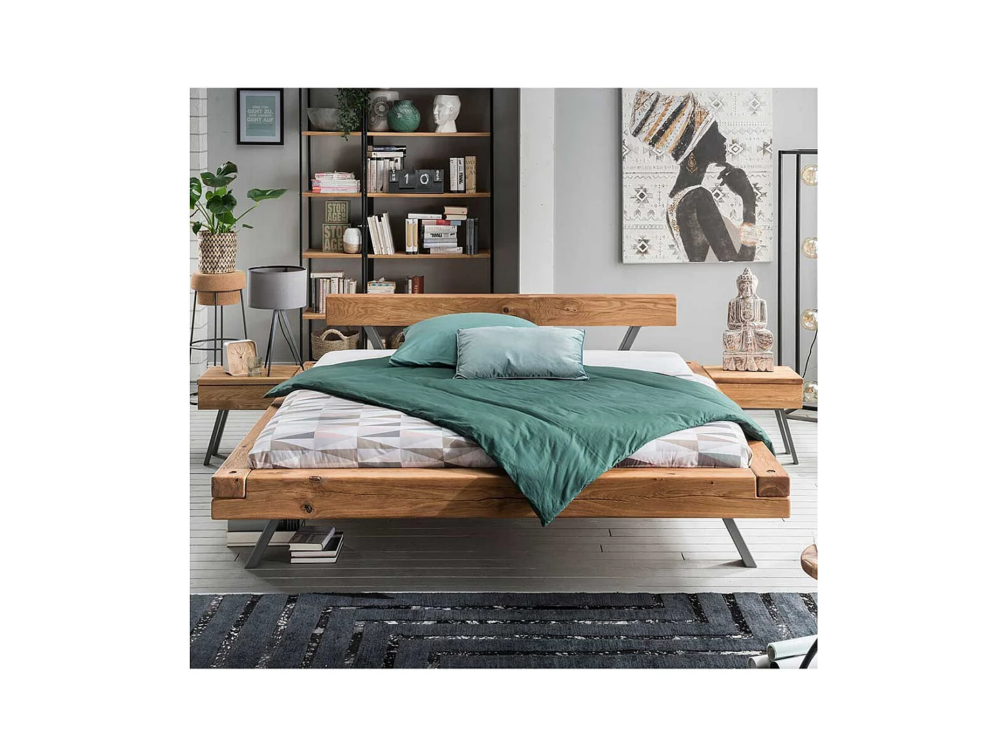 Balken Massivholzbett aus Wildeiche geölt Nachtkommoden (dreiteilig)