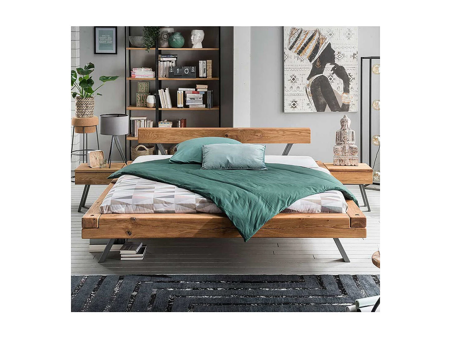 Balken Massivholzbett aus Wildeiche geölt Nachtkommoden (dreiteilig)