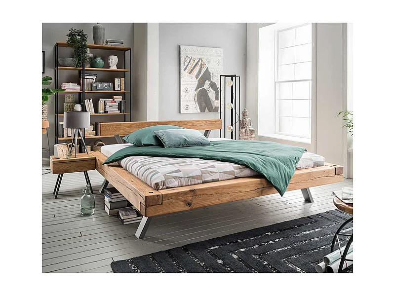 Balken Massivholzbett aus Wildeiche geölt Nachtkommoden (dreiteilig)