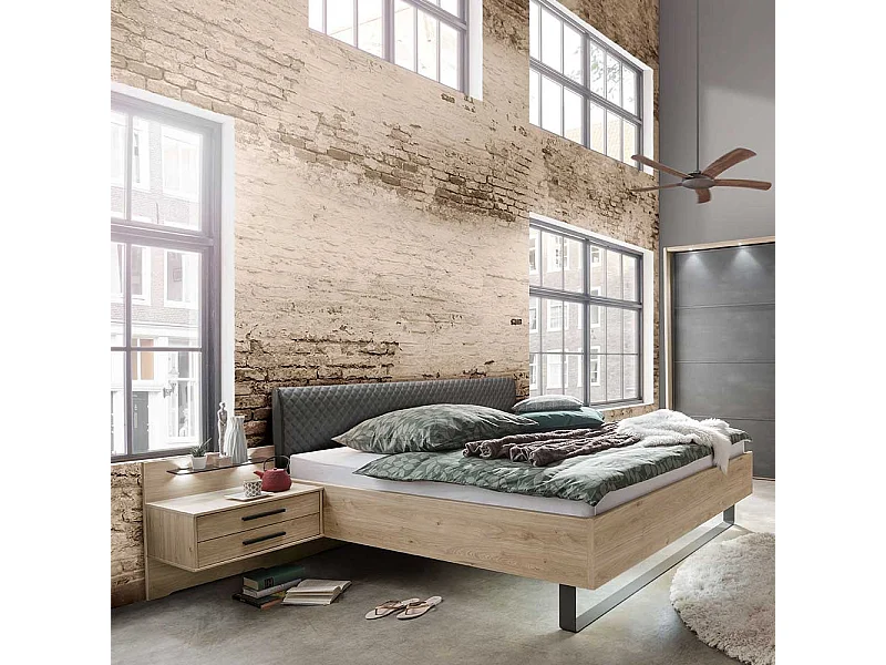 Doppelbettgestell in Eiche Optik und Dunkelgrau gepolstertem Kopfteil (dreiteilig)