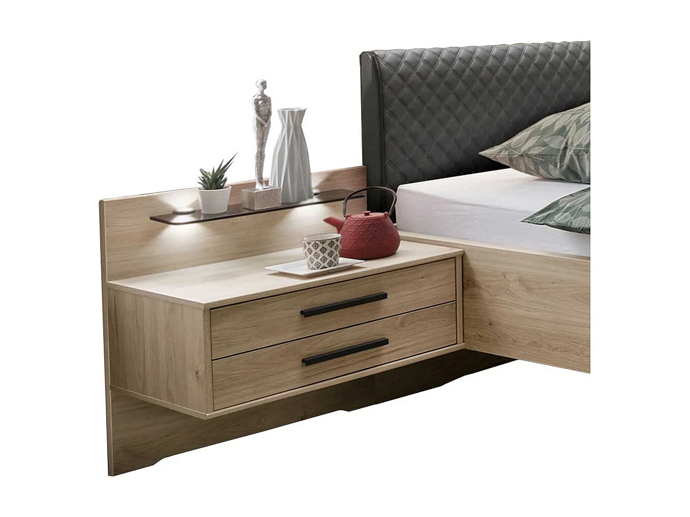 Doppelbettgestell in Eiche Optik und Dunkelgrau gepolstertem Kopfteil (dreiteilig)