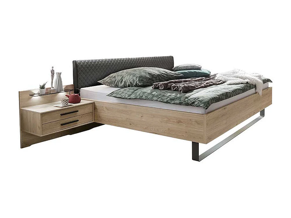 Doppelbettgestell in Eiche Optik und Dunkelgrau gepolstertem Kopfteil (dreiteilig)