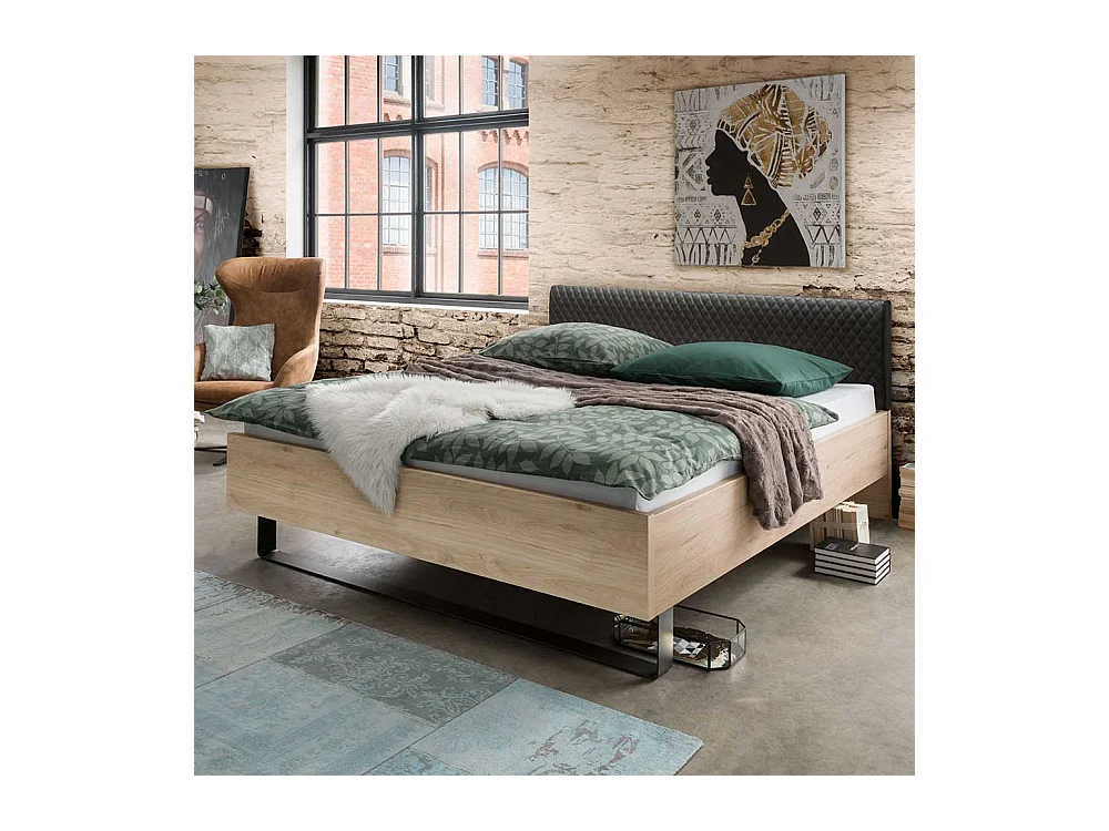 Bettrahmen in Eiche Optik Polsterkopfteil in Dunkelgrau