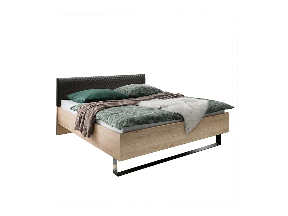 Bettrahmen in Eiche Optik Polsterkopfteil in Dunkelgrau