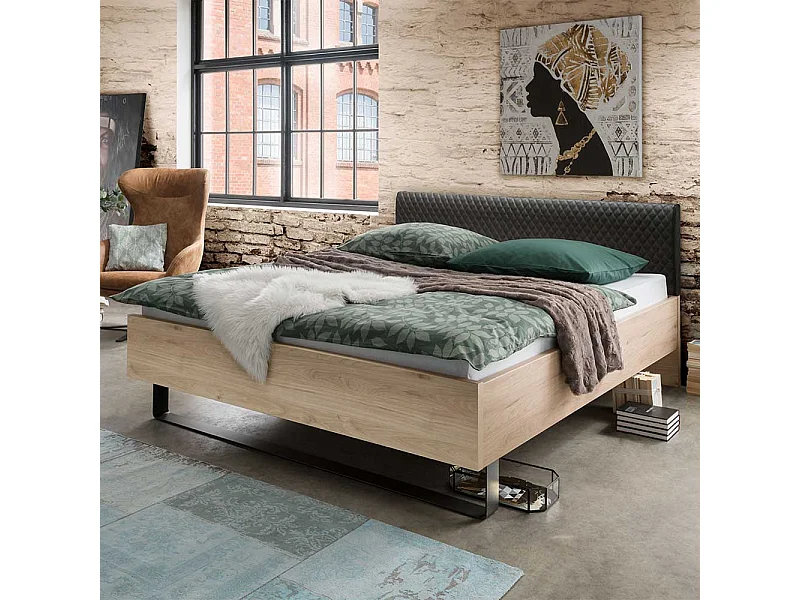 Bettrahmen in Eiche Optik Polsterkopfteil in Dunkelgrau