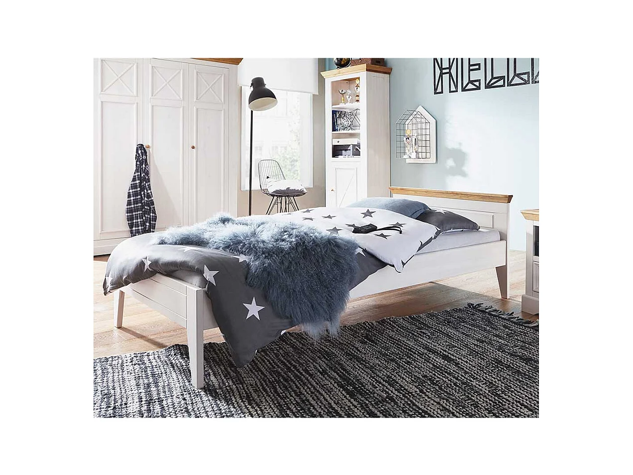 Bettgestell in Weiß und Eichefarben Kiefer Massivholz