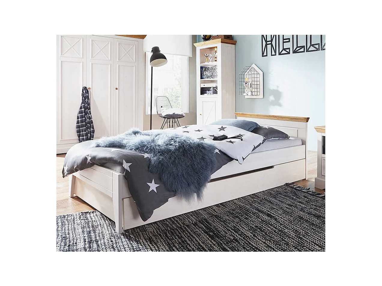 Bettgestell in Weiß und Eichefarben Kiefer Massivholz