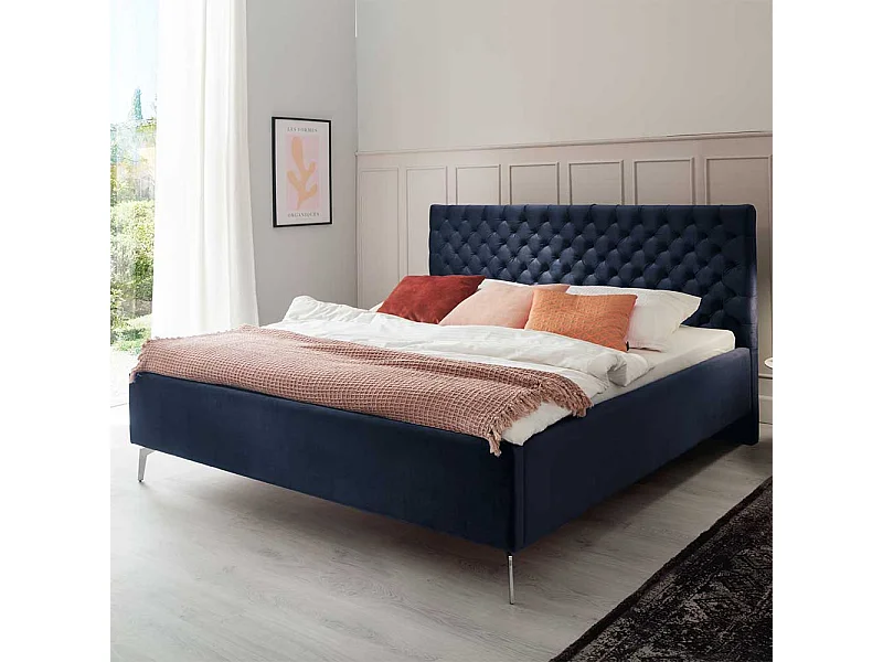Komfortbett Stoff Blau aus Samt Gestell Metall Chrom