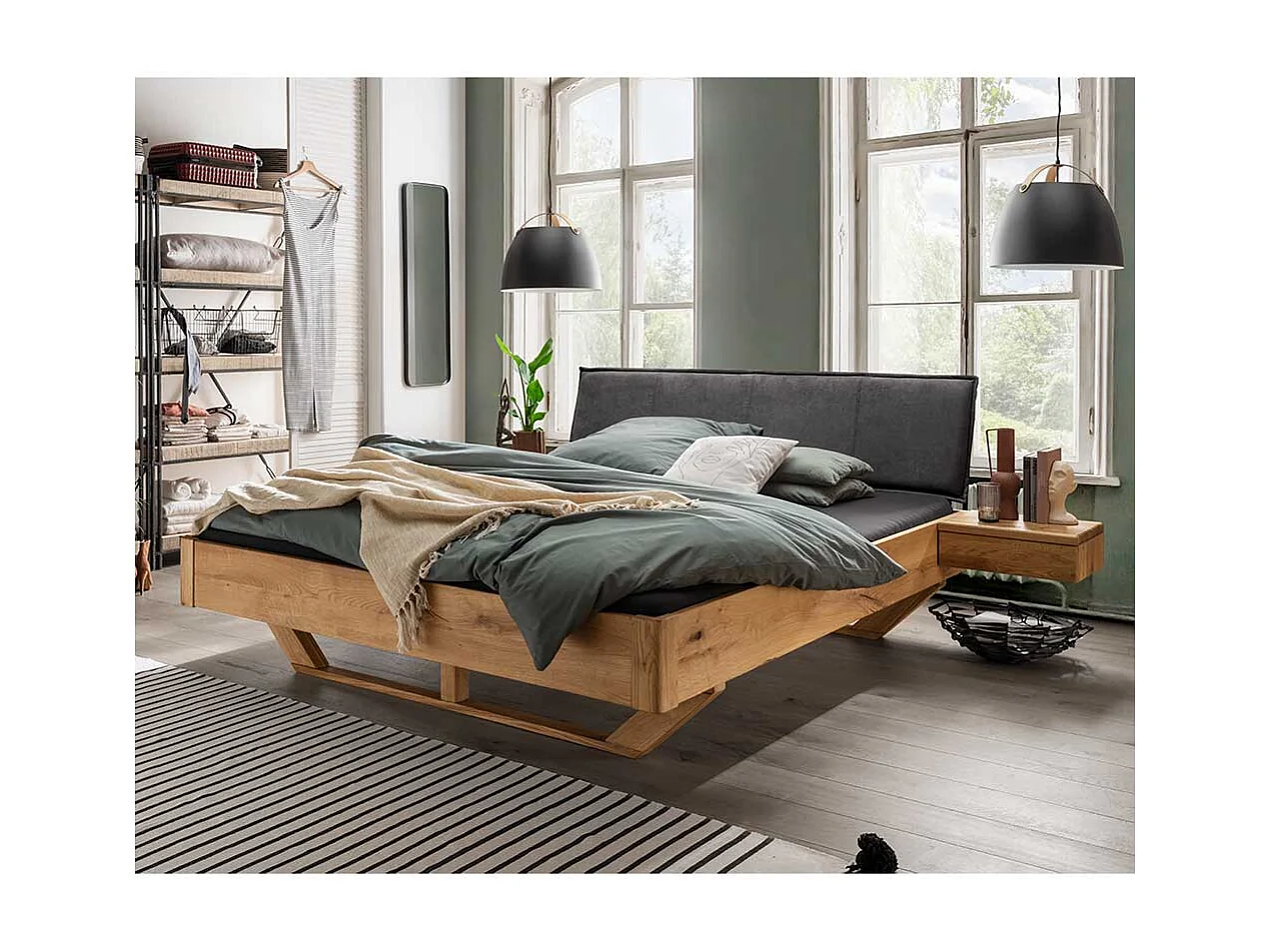 Wildeiche Bett mit Polsterkopfteil in Anthrazit 43 cm Einstiegshöhe