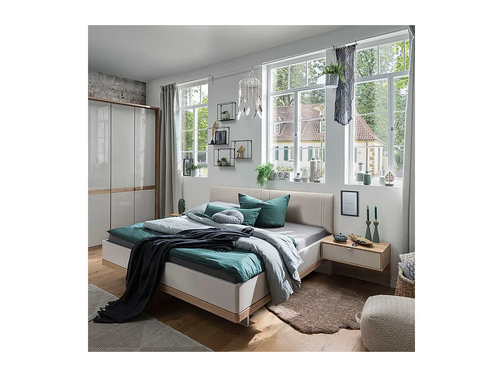 Komfortbett in Beige und Eiche Bianco Made in Germany (dreiteilig)