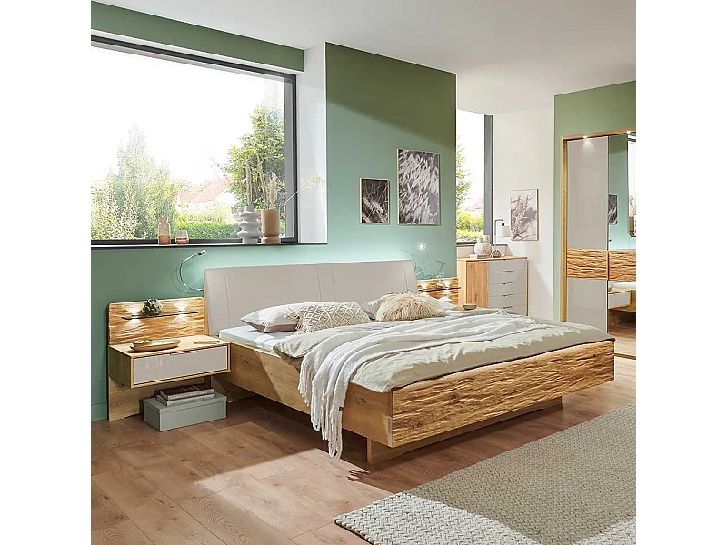 Bett mit Nachtkonsolen in Eiche Bianco Beige (dreiteilig)
