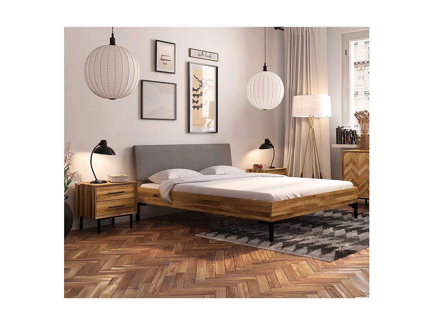 Massivholzbett Wildeiche geölt mit Polsterkopfteil Grau