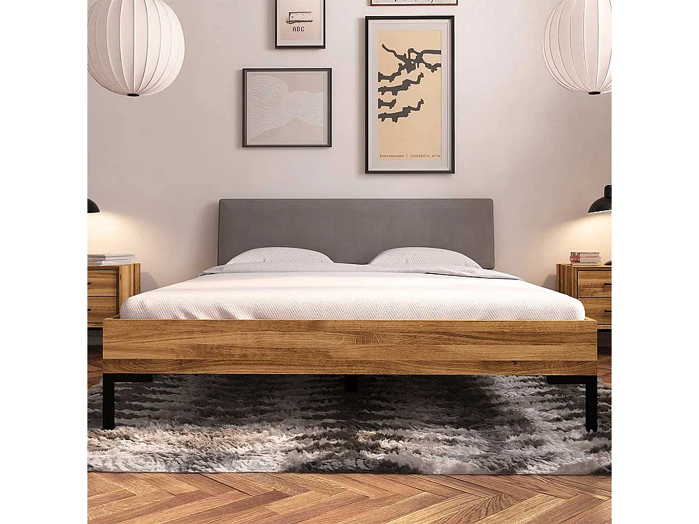 Massivholzbett Wildeiche geölt mit Polsterkopfteil Grau