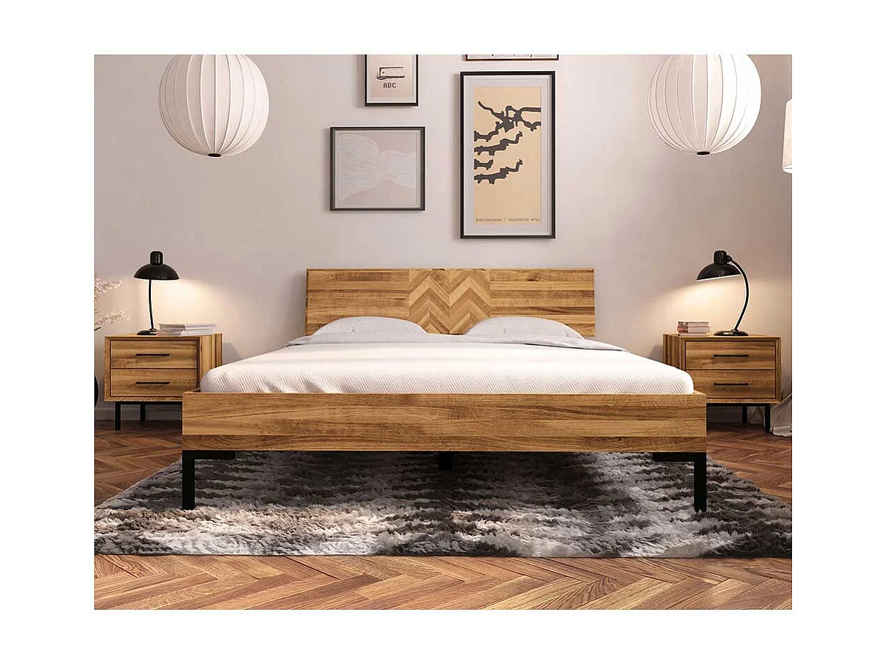 Hochwertiges Holzbett aus Wildeiche Massivholz Vierfußgestell aus Metall