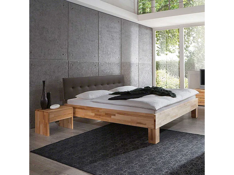 Doppelbett mit Polster in Dunkelbraun Kernbuche Massivholz (dreiteilig)