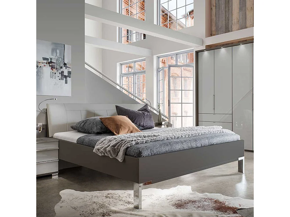 Bettgestell in Hellgrau und Braun LED Beleuchtung
