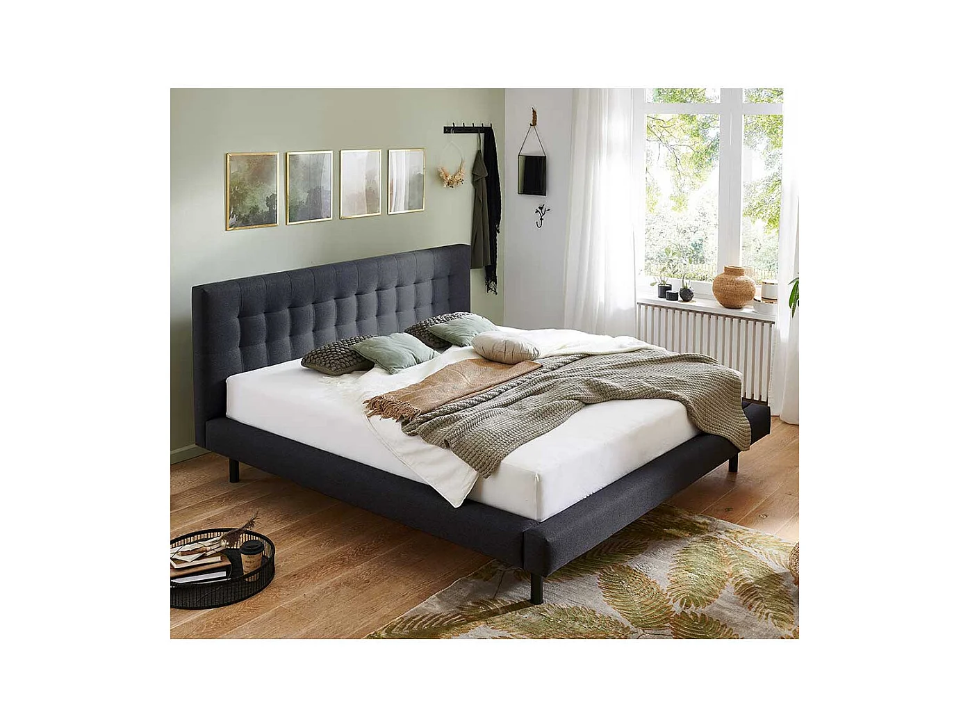 Polsterbettgestell in Dunkelgrau Stoff Vierfußgestell aus Holz