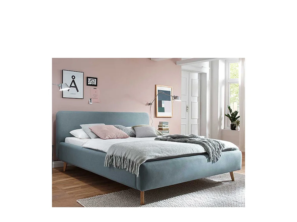 Gepolstertes Bett in Hellblau Webstoff modern