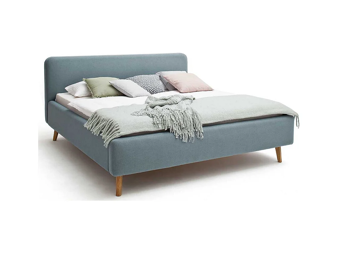 Gepolstertes Bett in Hellblau Webstoff modern