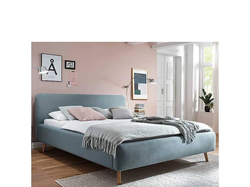 Gepolstertes Bett in Hellblau Webstoff modern