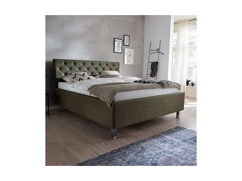 Polsterbett mit Bettkasten in Oliv Grün Vierfußgestell aus Metall