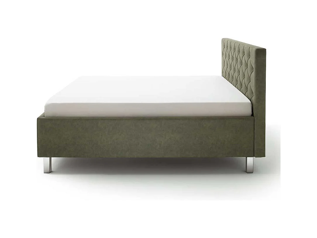 Polsterbett mit Bettkasten in Oliv Grün Vierfußgestell aus Metall