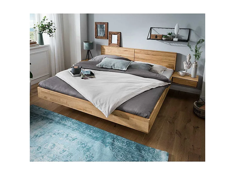 Großes Bett mit Nachtkommoden aus Wildeiche Massivholz geölt modern (dreiteilig)