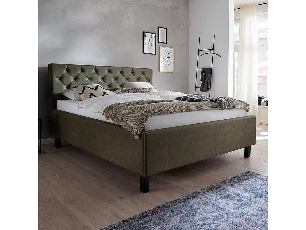 Gepolstertes Bett in Oliv Grün Gestell aus Holz