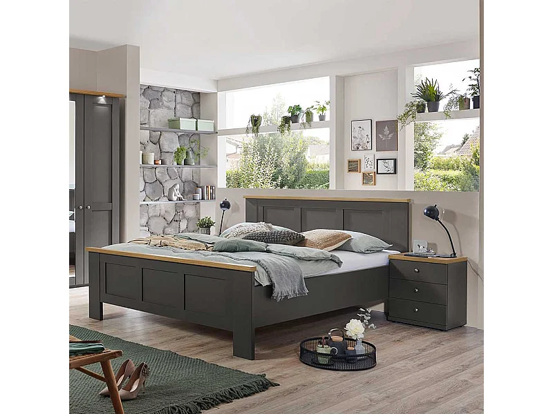 Bett im modernen Landhaus Stil in Dunkelgrau Eiche Bianco