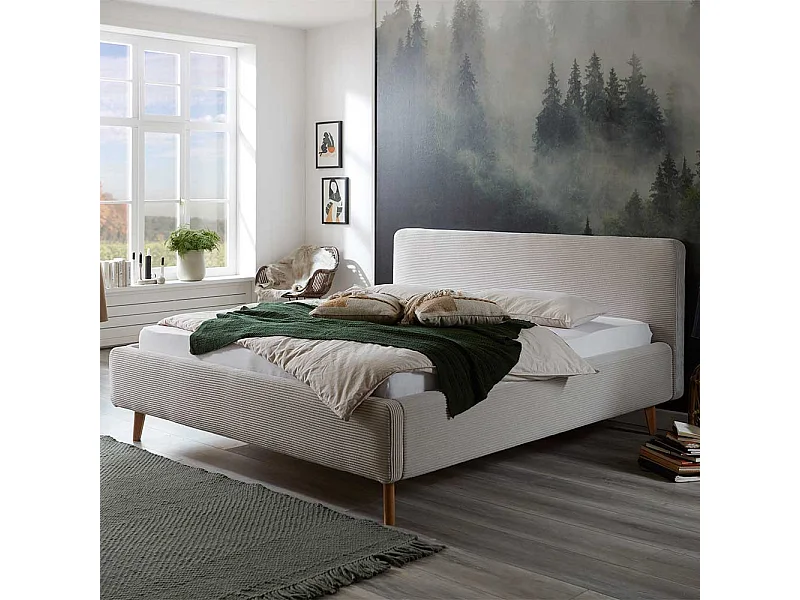 Polsterbett in Beige mit Cordbezug Vierfußgestell aus Holz