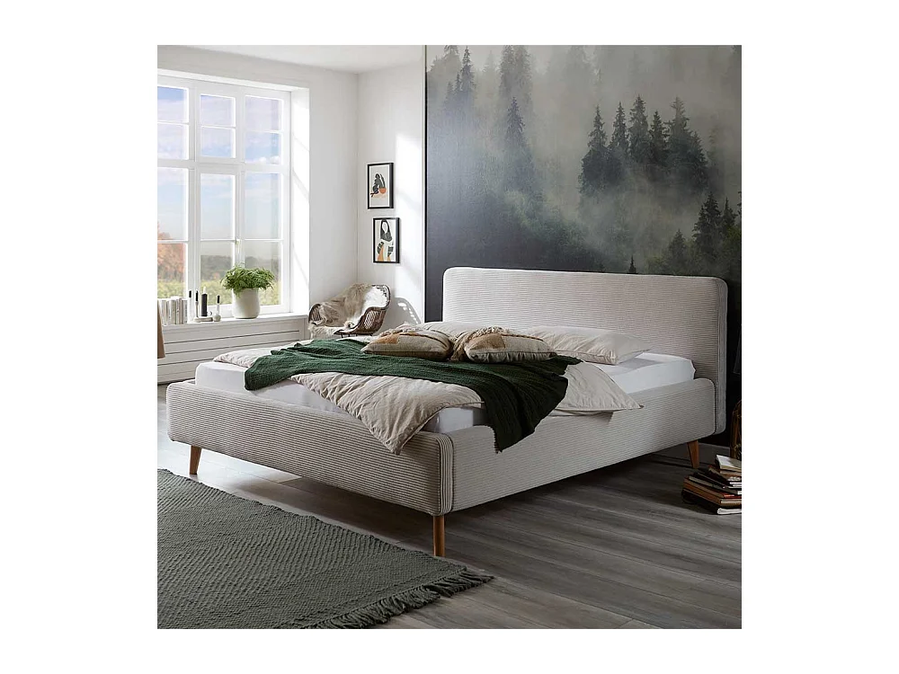 Polsterbett in Beige mit Cordbezug Vierfußgestell aus Holz