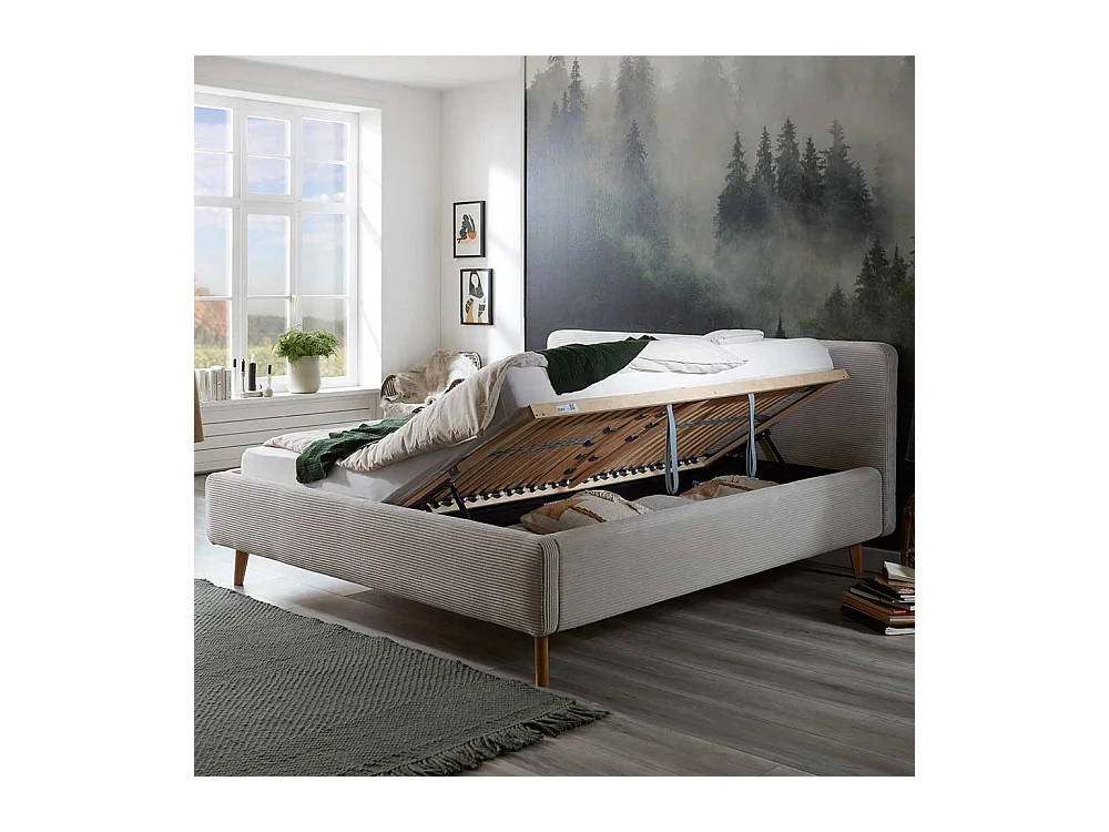 Polsterbett in Beige mit Cordbezug Vierfußgestell aus Holz